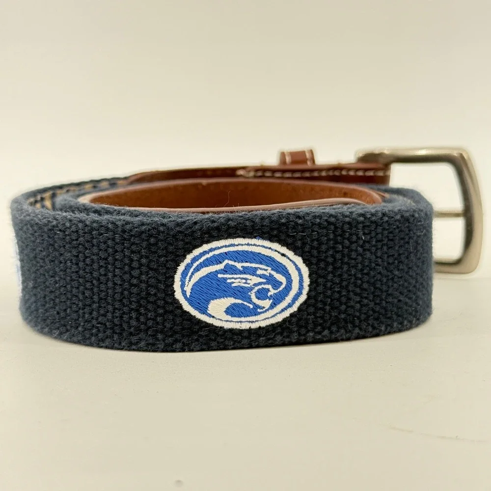 JT Spencer Belt Mens 30 Navy Blue Leather Tab Embroidered Panther Mascot USA